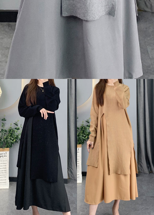 Natürliches schwarzes asymmetrisches Patchwork-Strickkleid Frühling