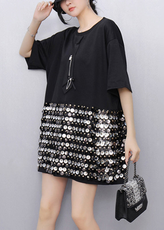Natural Black O-Neck Patchwork Sequins T Shirts Short Sleeve
