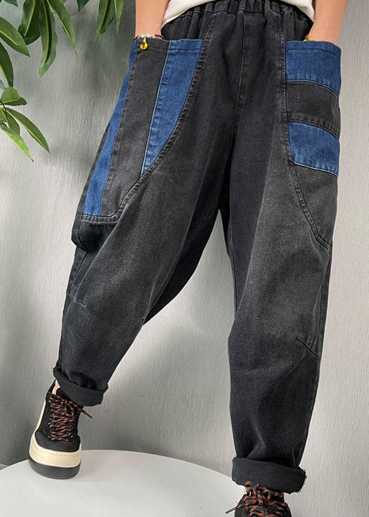 Natürliche Schwarze Patchwork Denim Haremshose Frühling
