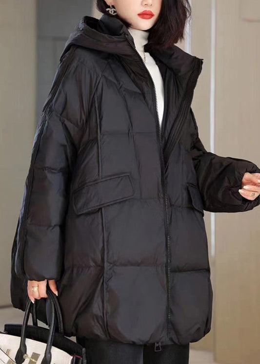 Naturfarbene schwarze Steppjacke mit Stehkragen, Taschen, Kapuze und Kapuze für den Winter