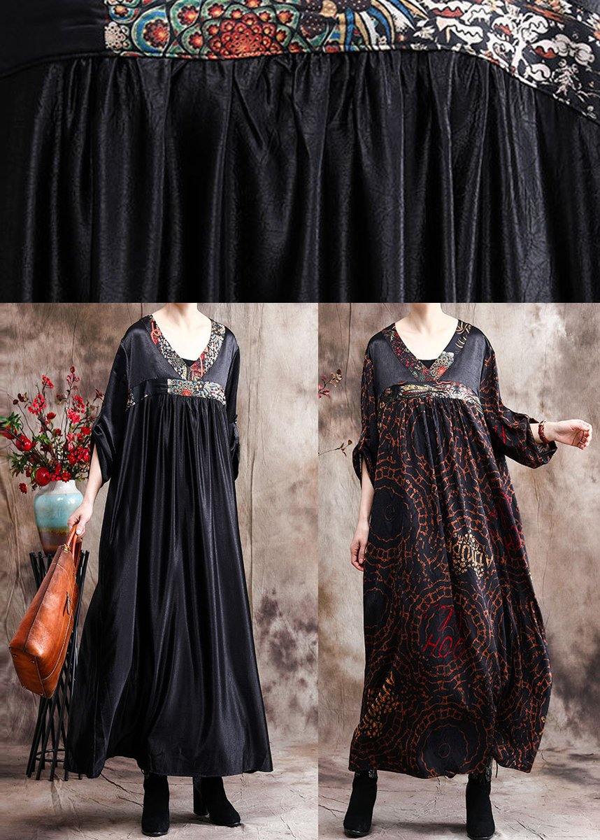 Natural Black Oversize Caftans Gown V Neck Patchwork Baggy Dress - SooLinen