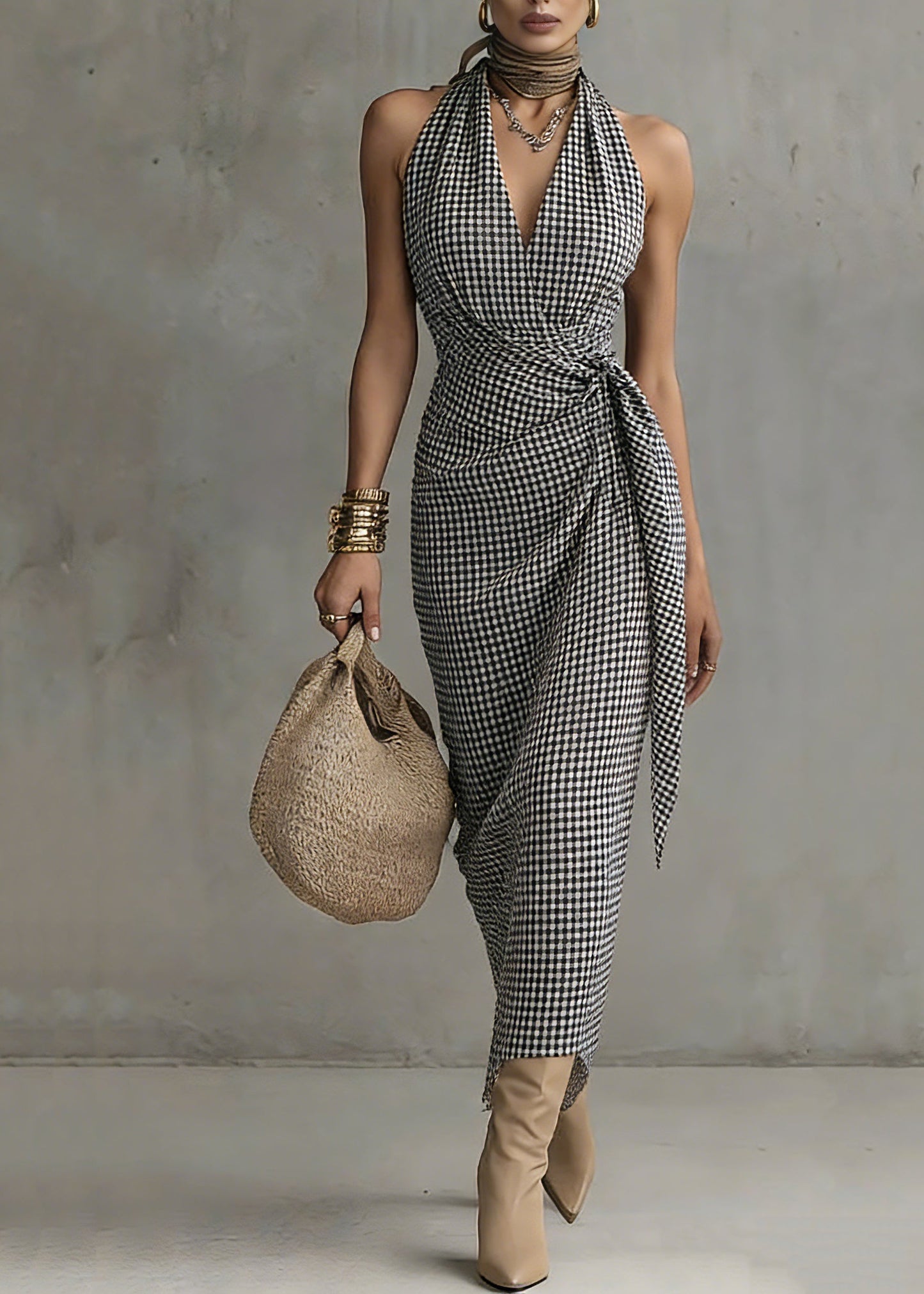 Natural Black White Plaid V Neck Tie Waist Long Dresses Summer