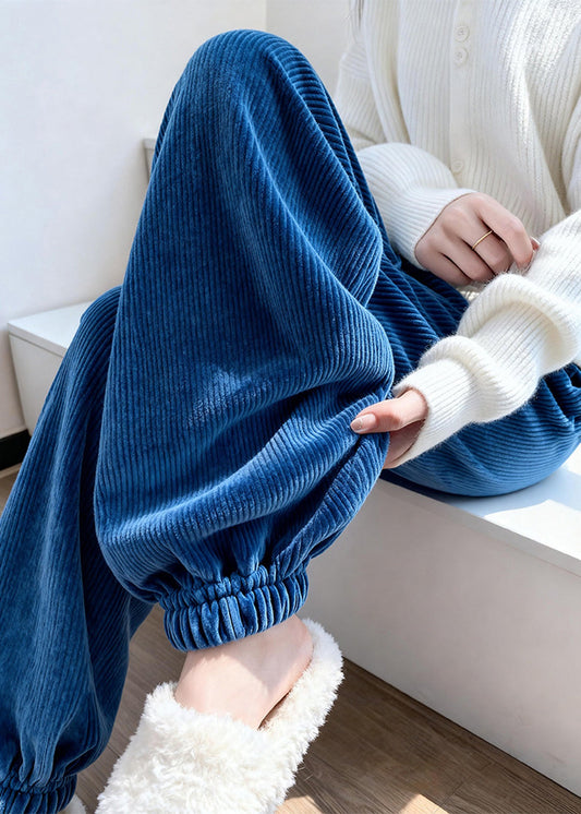 Naturblaue Cord-Fleecehose mit elastischem Bund und Taschen für den Winter