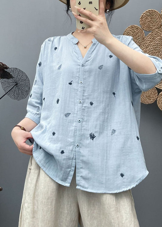 Natural Blue Embroidered Cotton Shirt Half Sleeve