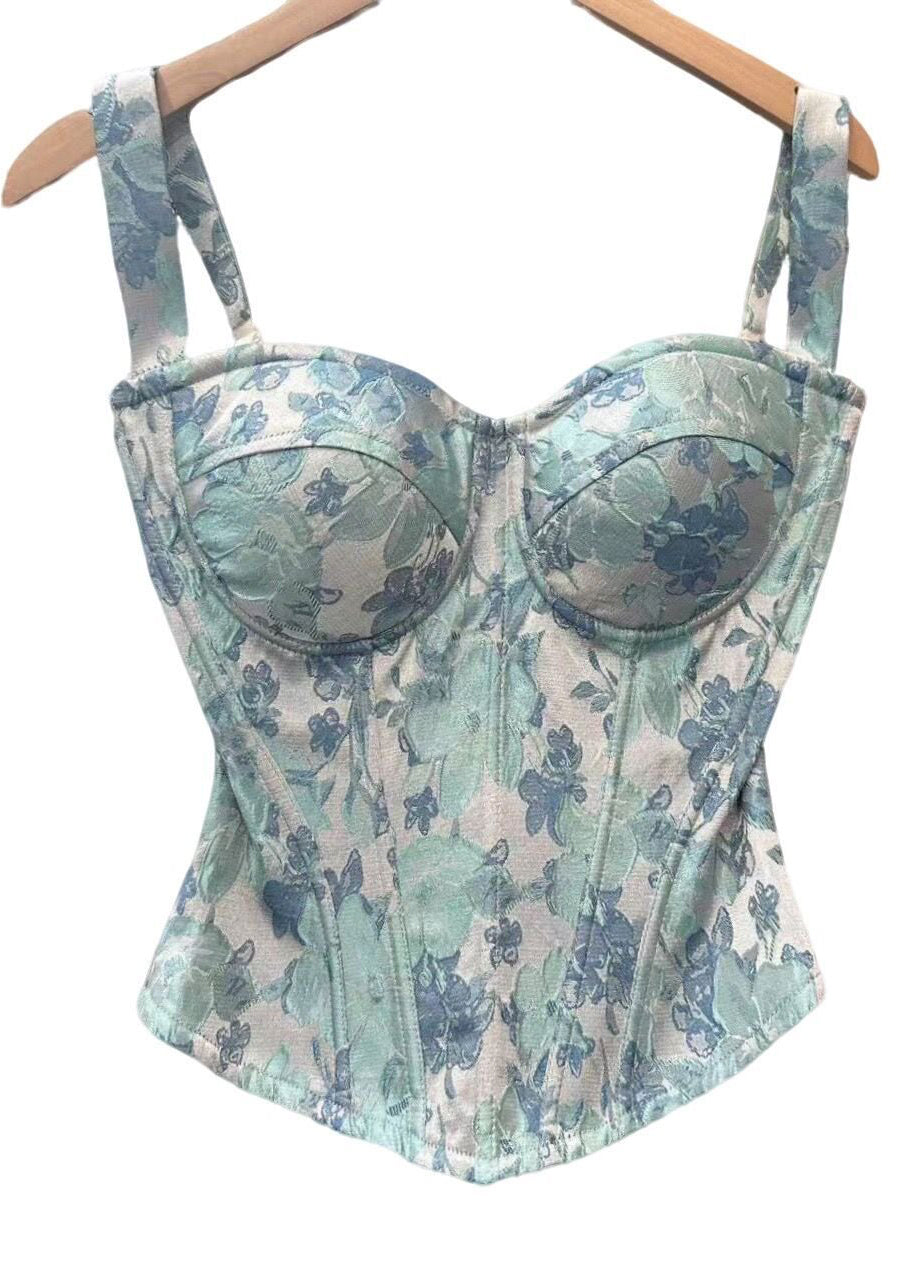 Natural Blue Jacquard Fish Bones Cotton Cami Tops Summer