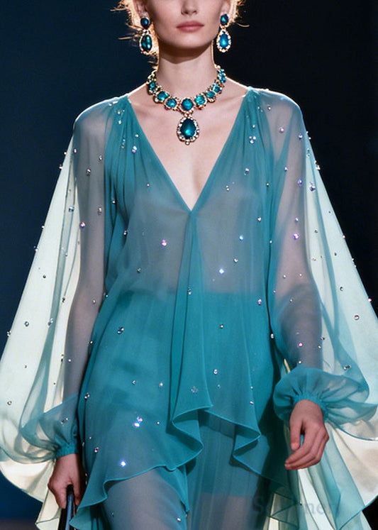 Natural Blue Oversized Rhinestone Chiffon Dresses Lantern Sleeve