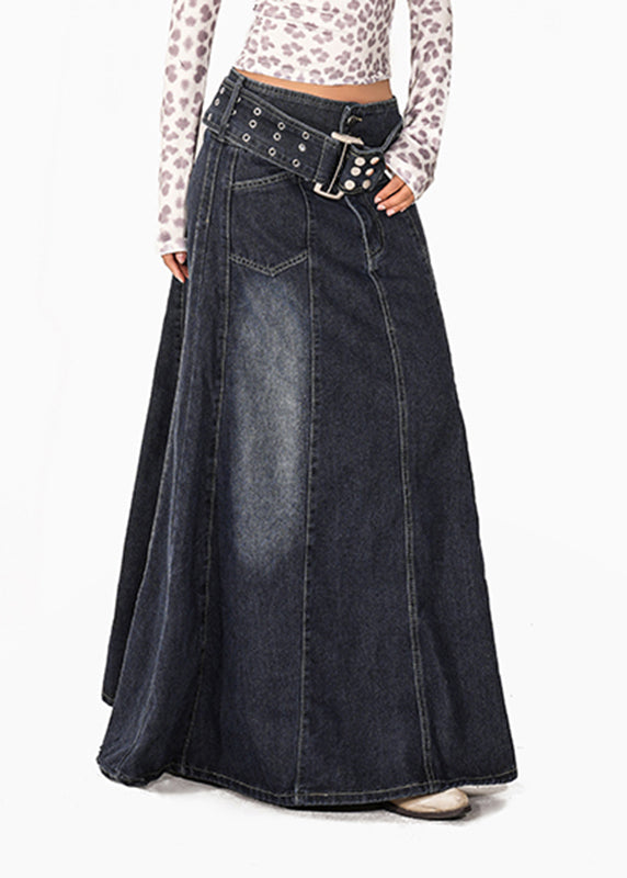Natural Blue Patchwork Draping Denim Maxi Skirts