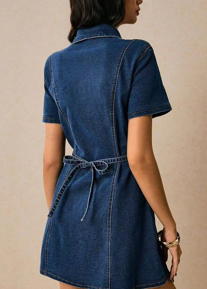 Natural Blue Peter Pan Collar Tie Waist Dnim Mini Dresses Short Sleeve