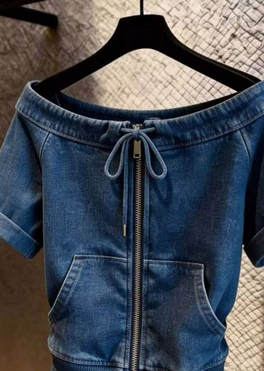 Natural Blue Slash Neck Zippered Tie Lace Denim Top Short Sleeve