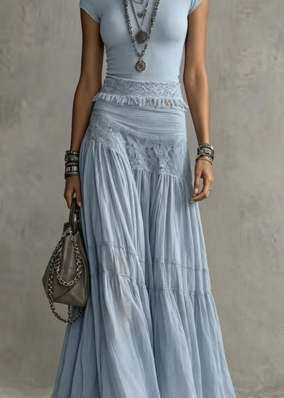 Natural Blue Tassel Knit Top And Chiffon Maxi Skirts Two Piece Set Sleeveless