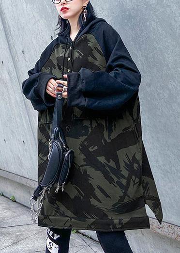 Natural Camouflage cotton tunic top hooded short patchwork blouse - SooLinen