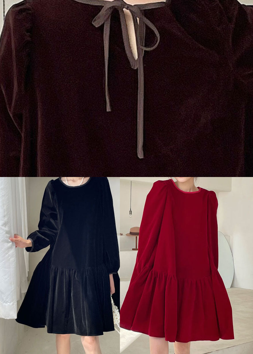 Natur Burgund O-Ausschnitt Velours Casual Kleid Winter