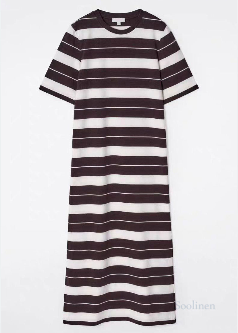 Natural Colorblock Striped Cotton Straight Dresses Summer