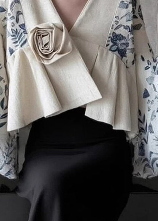 Natural Colorblock V Neck Print Patchwork Floral Tops Flare Sleeve