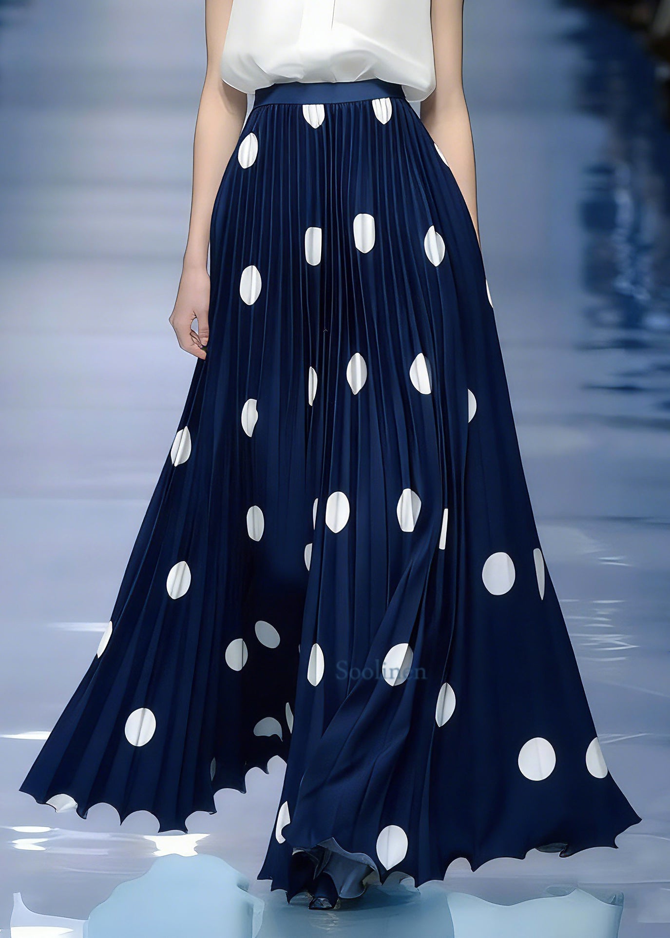 Natural Dark Blue Dot Patchwork Pleated Skirt