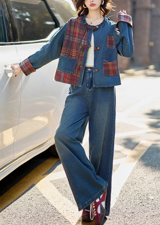 Natural Denim Blue O-Neck Patchwork Coats And Wide Leg Pants Two Pieces Set Fall