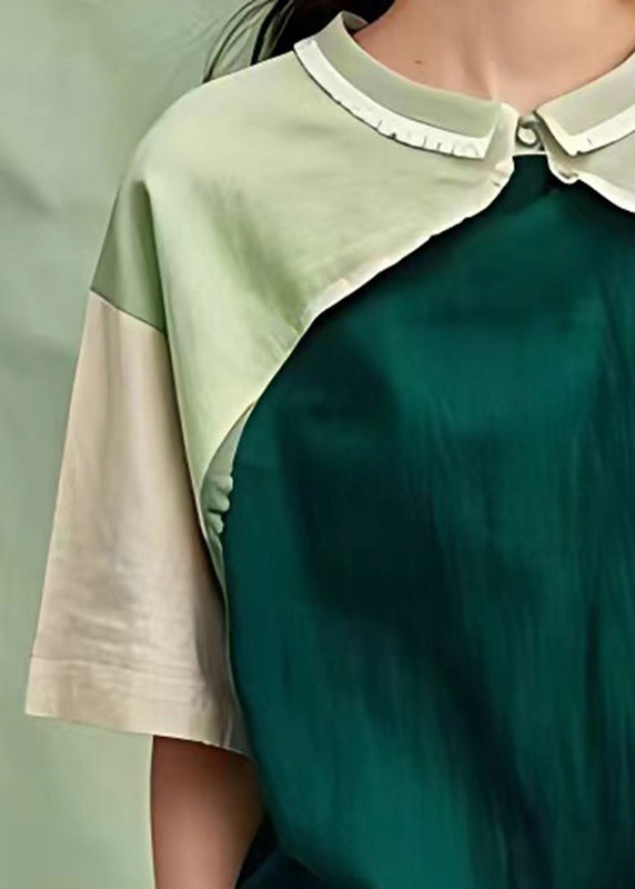Natürliches, mattes grünes, übergroßes Patchwork-Baumwollblusen-Top für den Sommer