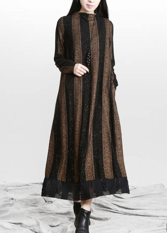 Natural Gold Stand Pockets A Line Dresses Fall - SooLinen