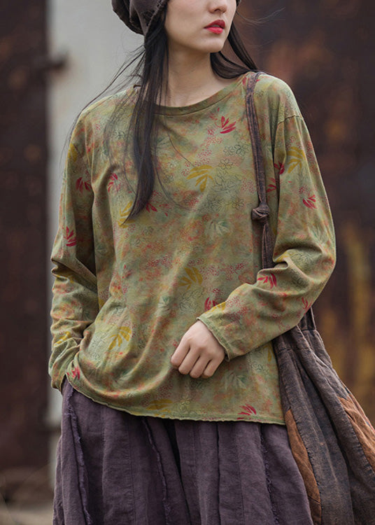 Naturgrünes T-Shirt aus Baumwolle mit Rundhalsausschnitt und langen Ärmeln