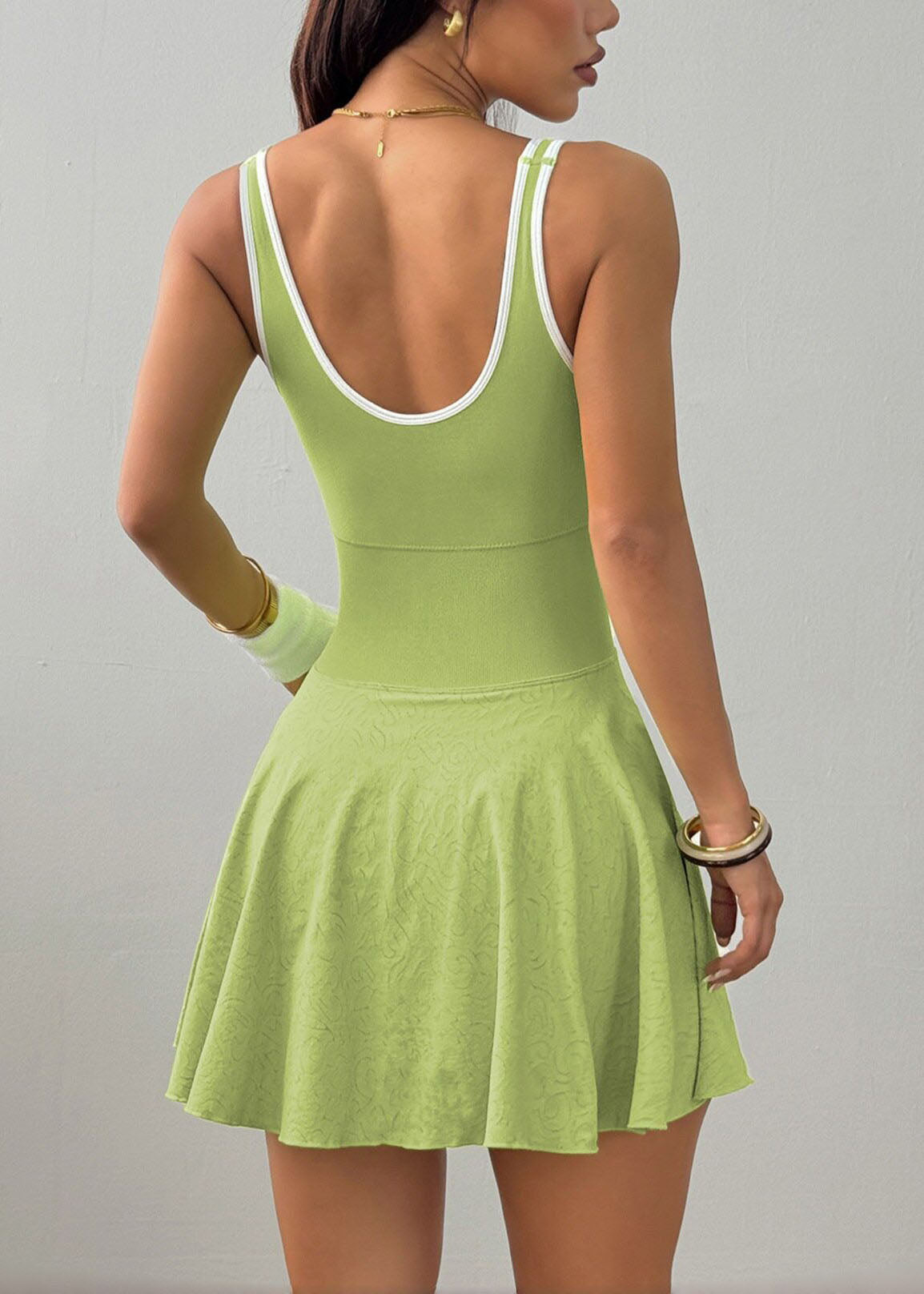 Natural Green U Neck Built-In Shorts Pockets Mini Dress Sleeveless