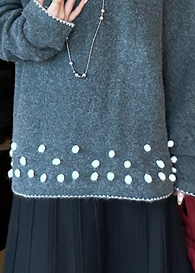 Natural Grey O-Neck Cozy Cotton Knit Sweater Tops Fall