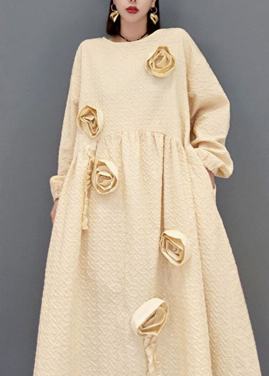 Natürliche Khaki O-Ausschnitt Cinched Floral Robe Kleider Frühling