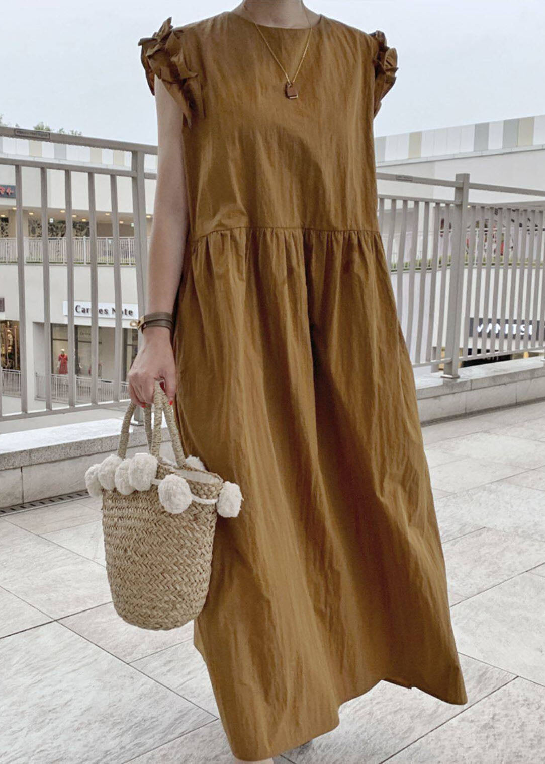 Natural Khaki Scallop Trim Cotton Maxi Dress Summer