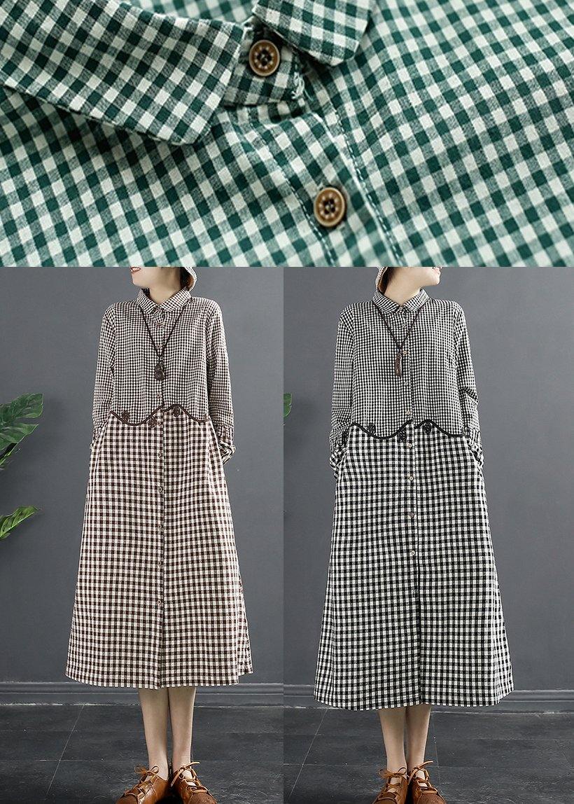 Natural Lapel Patchwork Wardrobes Work Outfits Brown Plaid Maxi Dresses - SooLinen