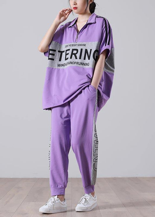 Natural Light Purple Graphic zippered Two Pieces Set Summer Cotton - SooLinen