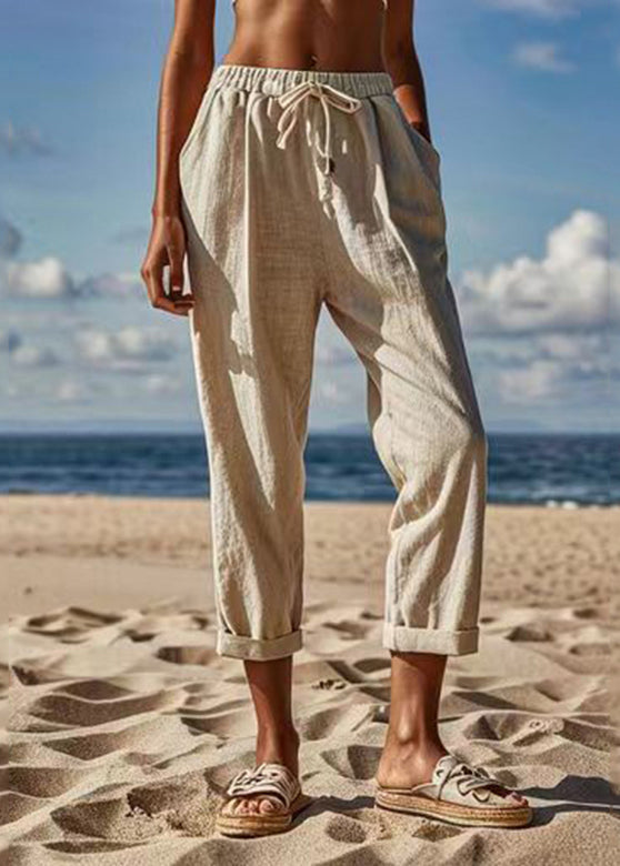 Naturleinen Patchwork Krawatte Taille Crop Pants Sommer