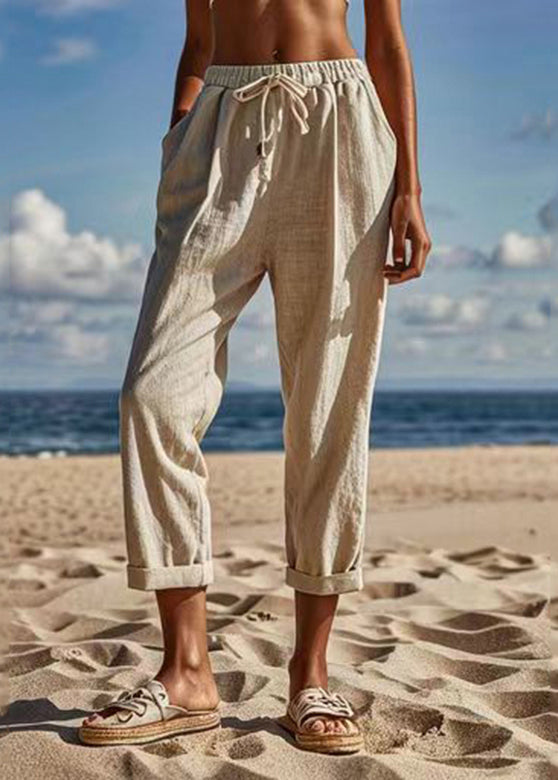 Naturleinen Patchwork Krawatte Taille Crop Pants Sommer