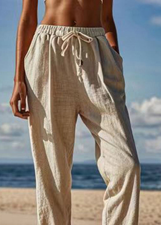 Naturleinen Patchwork Krawatte Taille Crop Pants Sommer