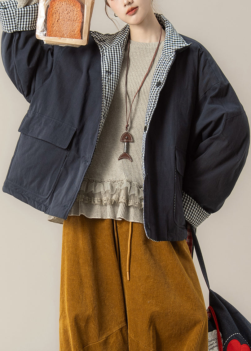 Naturblau kariert, beidseitig tragbar, feine Baumwollfüllung, Winterjacke