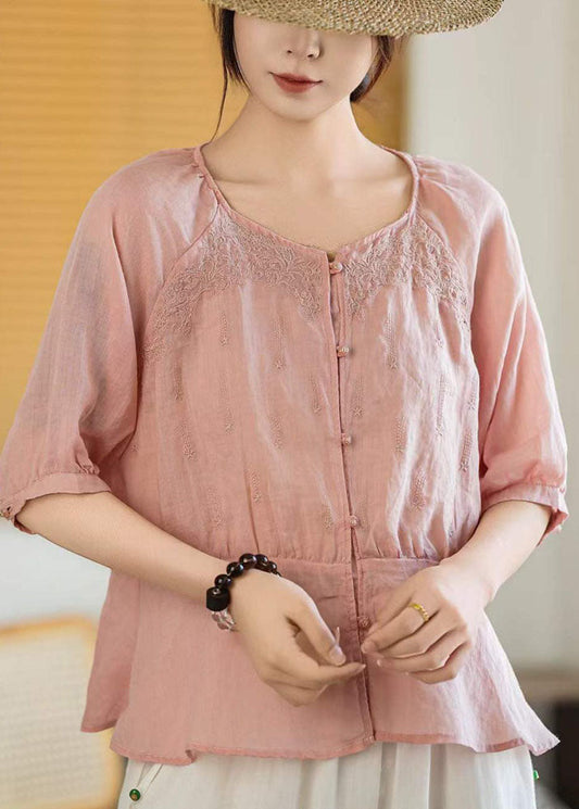 Natural Orange V Neck Embroidered Linen Top Summer