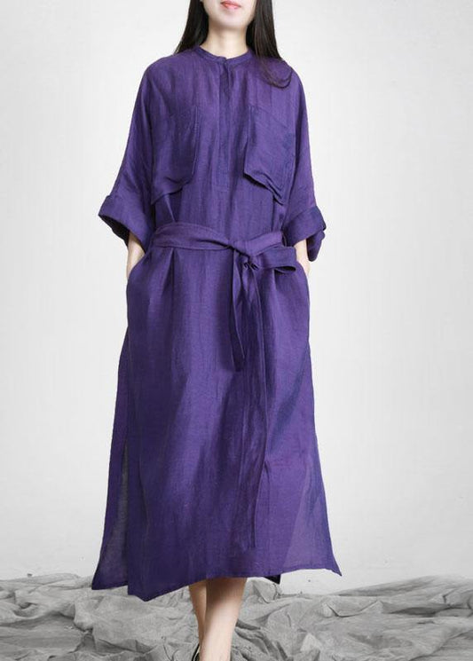 Natural Purple Tunic V Neck Pockets Holiday Linen Dress - SooLinen