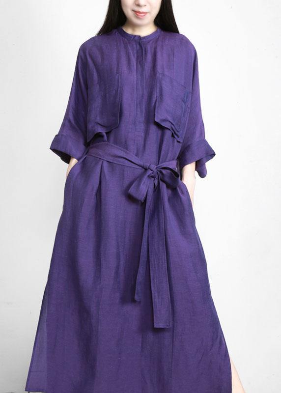 Natural Purple Tunic V Neck Pockets Holiday Linen Dress - SooLinen