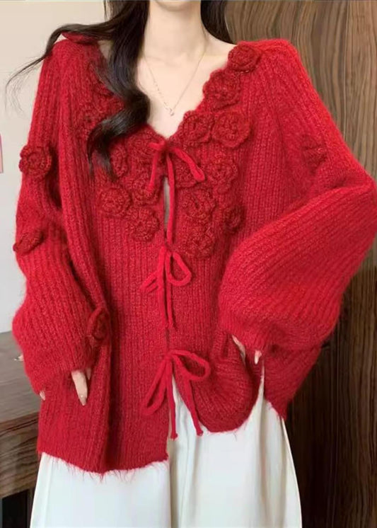 Natural Red Floral Decorated Warm Knit Cardigans Fall