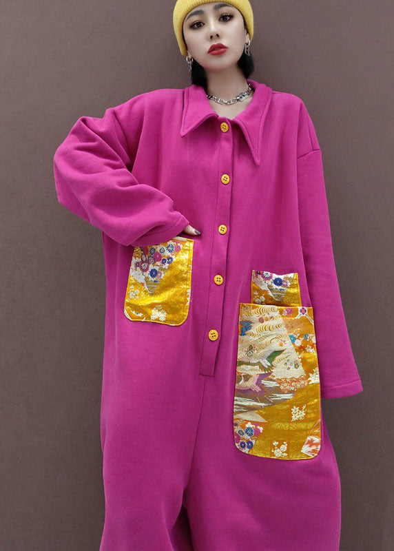 Naturroter Peter-Pan-Kragen mit Taschen Patchwork Warmer Fleece-Overall Frühling