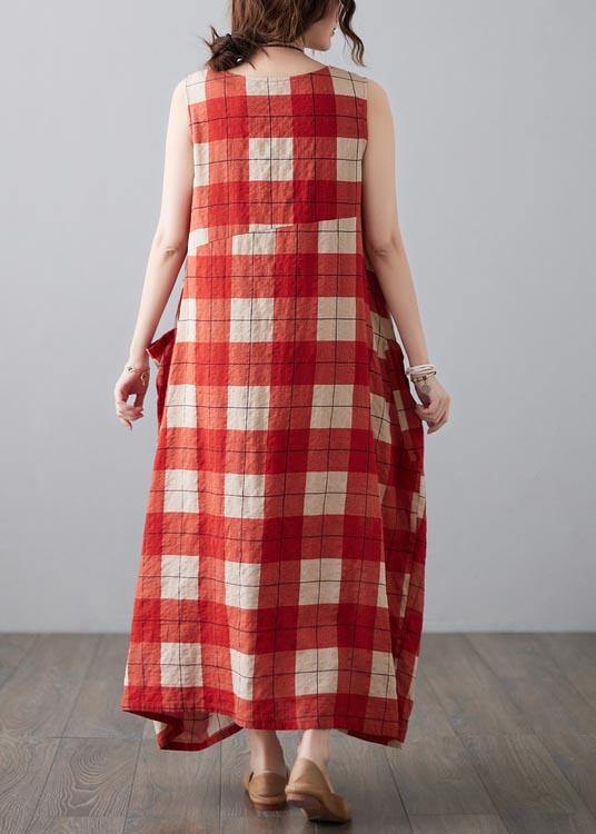 Natural Red Plaid Sleeveless Pockets Summer Dress - SooLinen