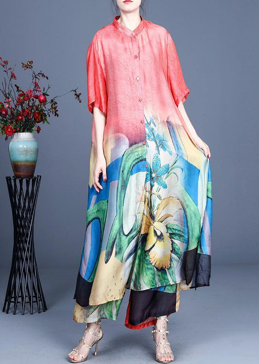 Natural Red Print Button Silk Women Sets Two Pieces Summer - SooLinen