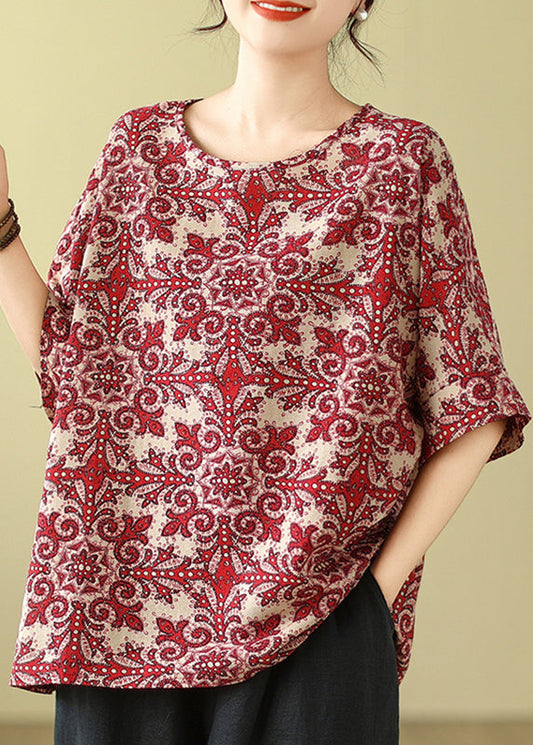 Natural Red Print Loose T Shirts Short Sleeve