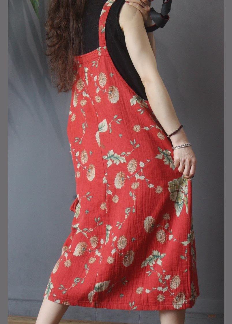 Natural Red Print Pockets carpenter Maxi Dress Summer Cotton Linen - SooLinen