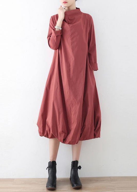 Natural Red Stand Asymmetrical Design Fall Cotton Long Dress - SooLinen