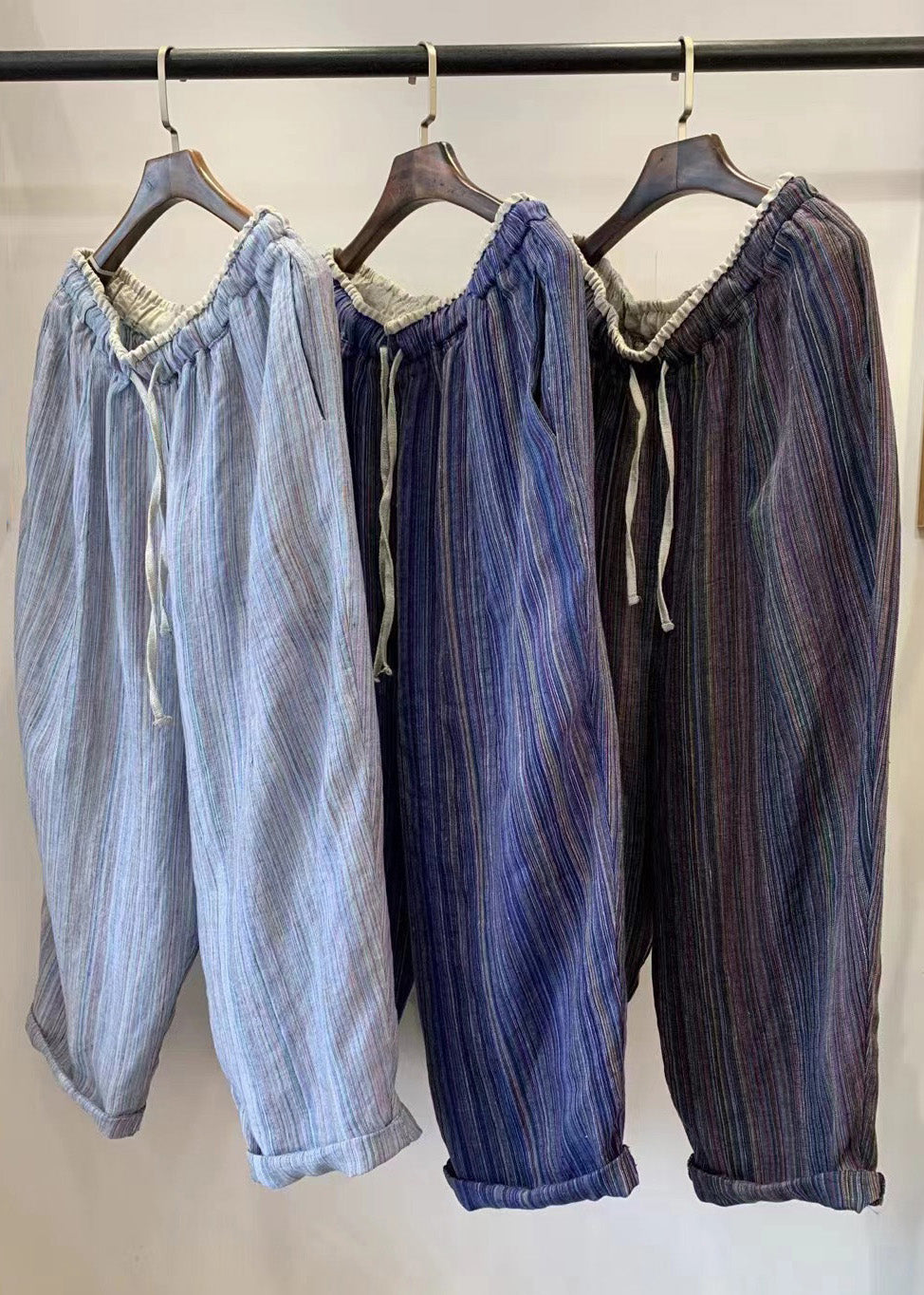 Natural Striped Elastic Waist Lace Up Linen Pants Summer