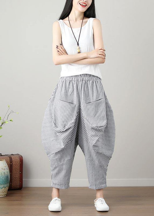 Natural Striped drop-crotch Cotton Linen Pants Summer - SooLinen