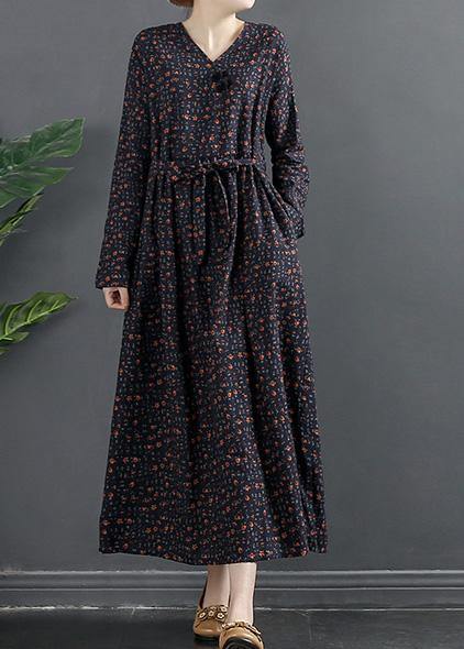 Natural V Neck Clothes For Women Fashion Ideas Navy Print Maxi Dresses - SooLinen