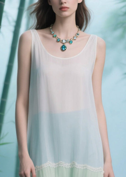 Natural White Patchwork Lace Tulle Long Dresses Sleeveless