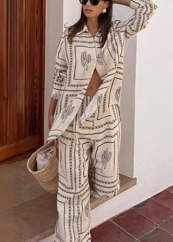 Natural White Peter Pan Collar Print Shirts And Wide Leg Pants Fall