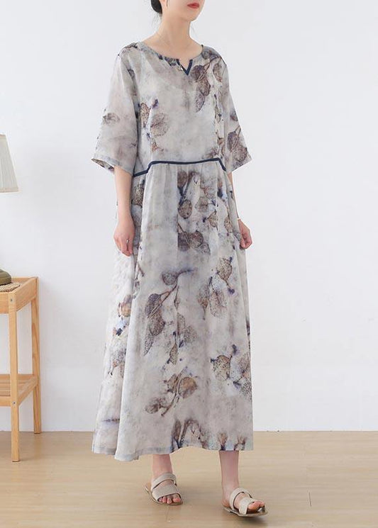 Natural White Print Cinched Summer Linen Dress - SooLinen