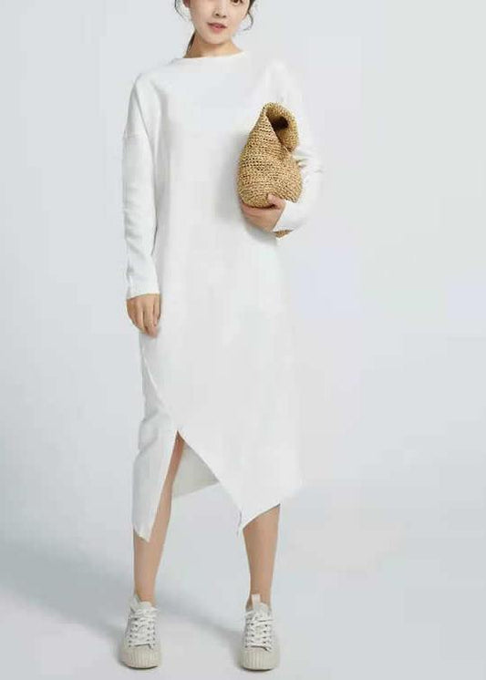 Natural White cotton Tunics Side Open Maxi Long Sleeve Dresses - SooLinen